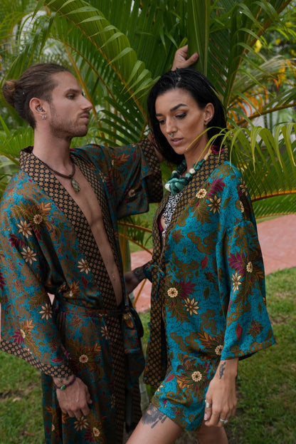 Men's Kimono Set+Boxer, Long Silk Blend Kimono Robe Set: Batik Bali Loungewear with Boxers