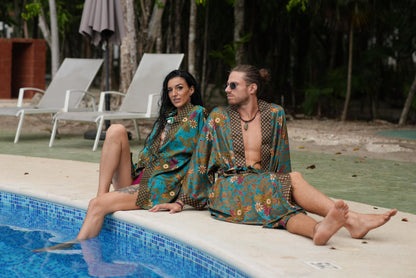 Men's Kimono Set+Boxer, Long Silk Blend Kimono Robe Set: Batik Bali Loungewear with Boxers