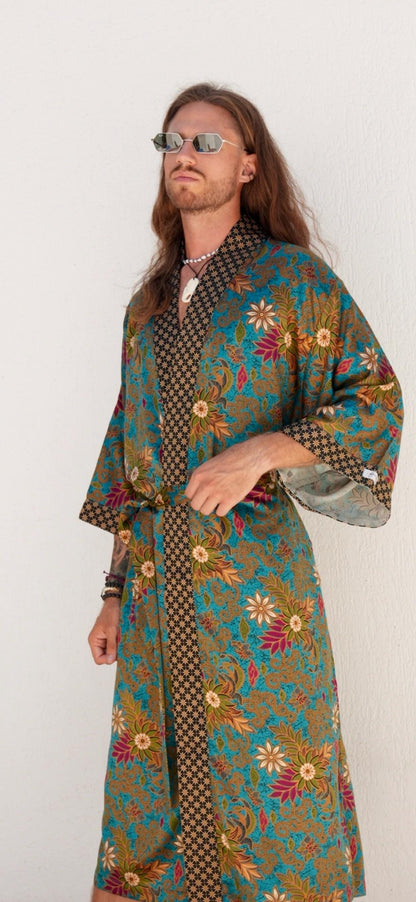 Men's Kimono Set+Boxer, Long Silk Blend Kimono Robe Set: Batik Bali Loungewear with Boxers