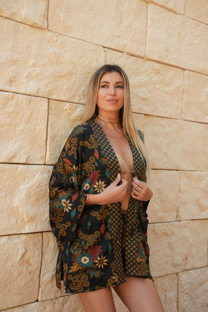 Black Silk Kimono Robe Set + boxers Polynesian Batik, Festival Clothing