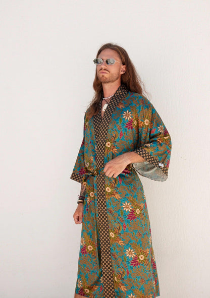 Handmade Bali Silk Blend Batik Kimono Robe - Music Festival Style