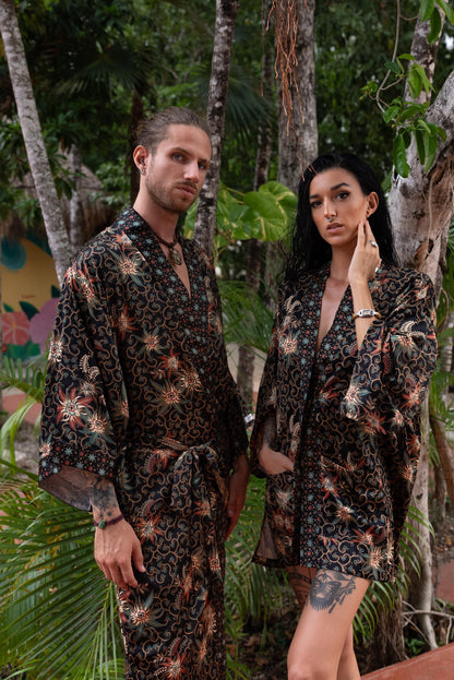 Boho Bali silk bland  of 2  kimons,  Robe for couples- Luxury Pajamas - Festival kimono robe -Gift for Valentines Day.