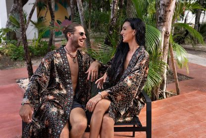Boho Bali silk bland  of 2  kimons,  Robe for couples- Luxury Pajamas - Festival kimono robe -Gift for Valentines Day.