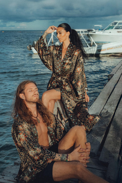 Boho Bali silk bland  of 2  kimons,  Robe for couples- Luxury Pajamas - Festival kimono robe -Gift for Valentines Day.
