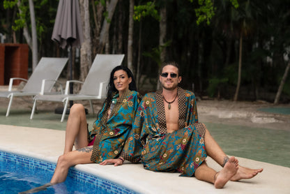 Matching Couple Kimono Robe Set: Silk Blend Batik Loungewear