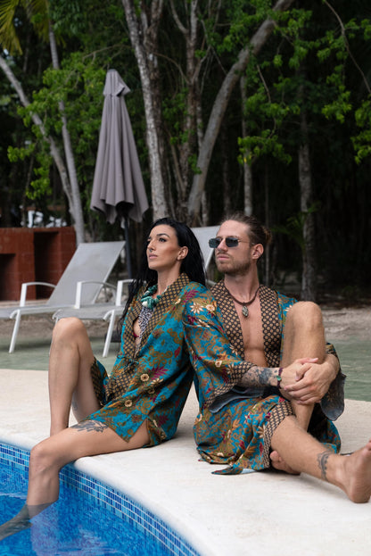 Matching Couple Kimono Robe Set: Silk Blend Batik Loungewear