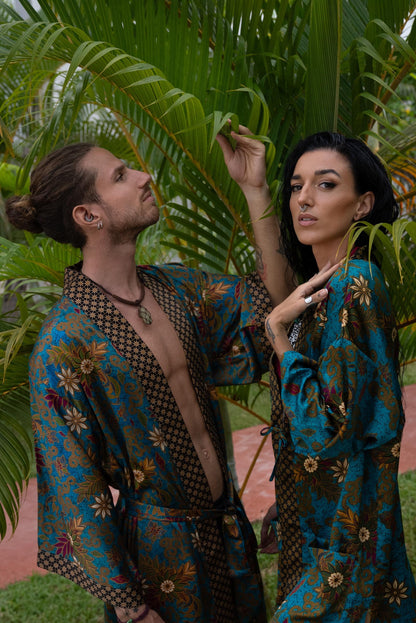 Matching Couple Kimono Robe Set: Silk Blend Batik Loungewear