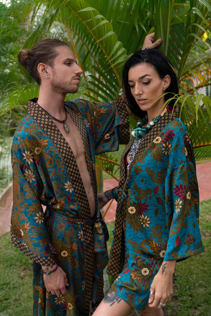 Matching Couple Kimono Robe Set: Silk Blend Batik Loungewear