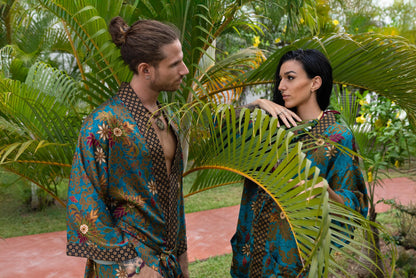 Matching Couple Kimono Robe Set: Silk Blend Batik Loungewear