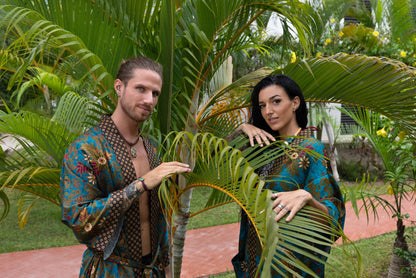 Matching Couple Kimono Robe Set: Silk Blend Batik Loungewear