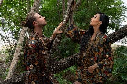 Luxury Pajamas for Resort , Boho Bali silk bland  of 2  kimons,  Robe for couples - Festival kimono robe -Gift for Valentines Day.