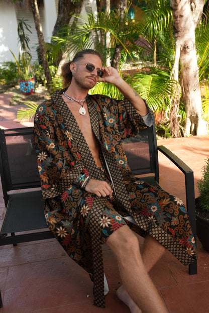 Luxury Pajamas for Resort , Boho Bali silk bland  of 2  kimons,  Robe for couples - Festival kimono robe -Gift for Valentines Day.