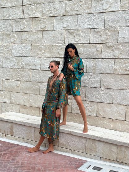 Luxury Pajamas for Resort , Boho Bali silk bland  of 2  kimons,  Robe for couples - Festival kimono robe -Gift for Valentines Day.