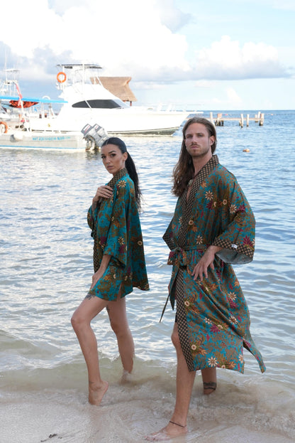 Men's Kimono Set+Boxer, Long Silk Blend Kimono Robe Set: Batik Bali Loungewear with Boxers