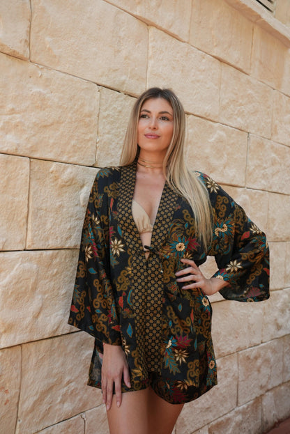 Black Silk Kimono Robe Set + boxers Polynesian Batik, Festival Clothing