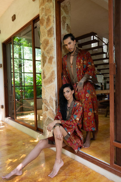 Boho Silk Blend Kimono Robe Set for 2: Hand-Printed Batik Couple Robes