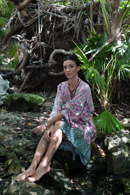 Pink  Atlas Polyester  Kimono Robe: Boho Bali Loungewear ,FREE SIZE