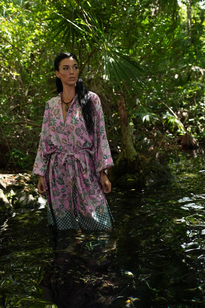 Pink  Atlas Polyester  Kimono Robe: Boho Bali Loungewear ,FREE SIZE