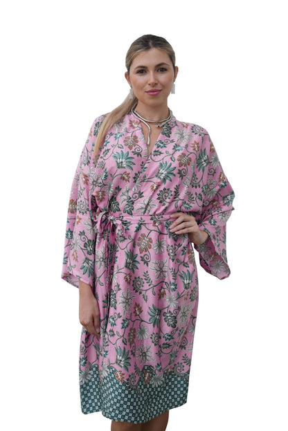 Pink  Atlas Polyester  Kimono Robe: Boho Bali Loungewear ,FREE SIZE