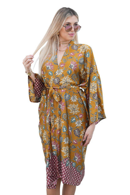Pink  Atlas Polyester  Kimono Robe: Boho Bali Loungewear ,FREE SIZE