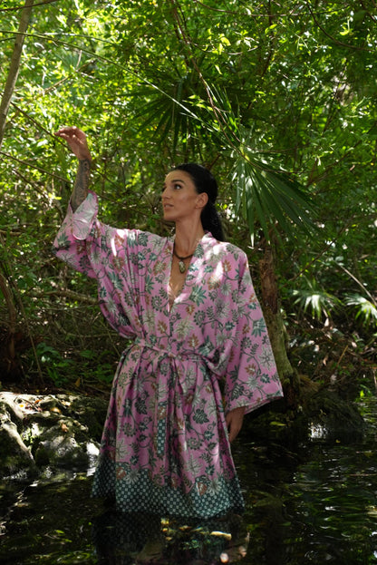 Pink  Atlas Polyester  Kimono Robe: Boho Bali Loungewear ,FREE SIZE