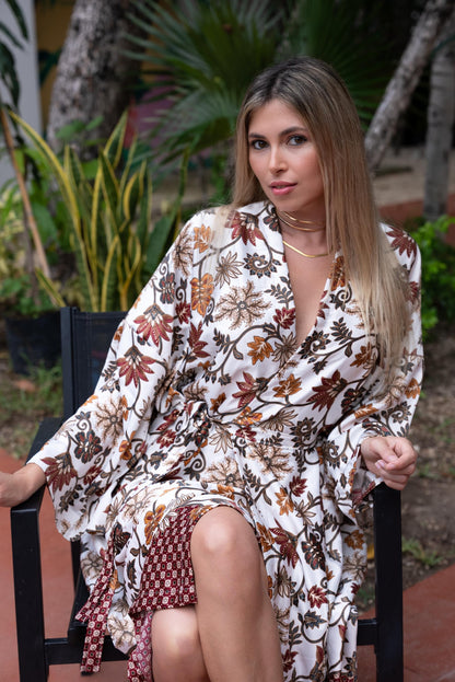 Floral Polyester Kimono Robe: Beige Boho Loungewear