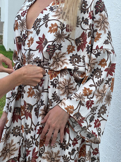 Floral Polyester Kimono Robe: Beige Boho Loungewear
