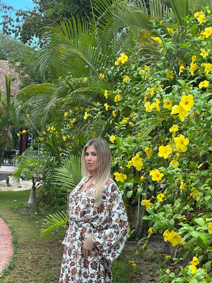 Floral Polyester Kimono Robe: Beige Boho Loungewear