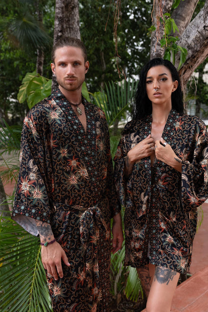 Boho Bali silk bland  of 2  kimons,  Robe for couples- Luxury Pajamas - Festival kimono robe -Gift for Valentines Day.