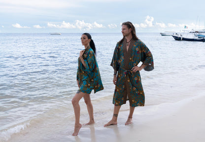 Luxury Pajamas for Resort , Boho Bali silk bland  of 2  kimons,  Robe for couples - Festival kimono robe -Gift for Valentines Day.