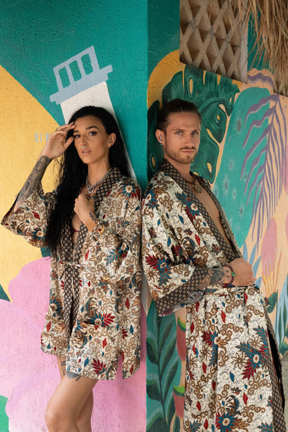 Luxury Pajamas for Resort , Boho Bali silk bland  of 2  kimons,  Robe for couples - Festival kimono robe -Gift for Valentines Day.