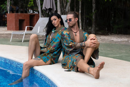 Matching Couple Kimono Robe Set: Silk Blend Batik Loungewear