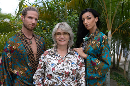 Matching Couple Kimono Robe Set: Silk Blend Batik Loungewear