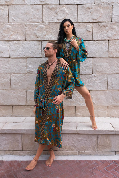 Matching Couple Kimono Robe Set: Silk Blend Batik Loungewear