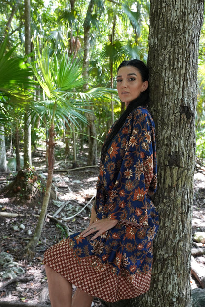 Navy Blue  Atlas Polyester  Kimono Robe: Boho Bali spirit style ,FREE SIZE, Festival Clothing, Gift for Women