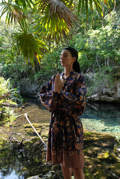 Navy Blue  Atlas Polyester  Kimono Robe: Boho Bali spirit style ,FREE SIZE, Festival Clothing, Gift for Women