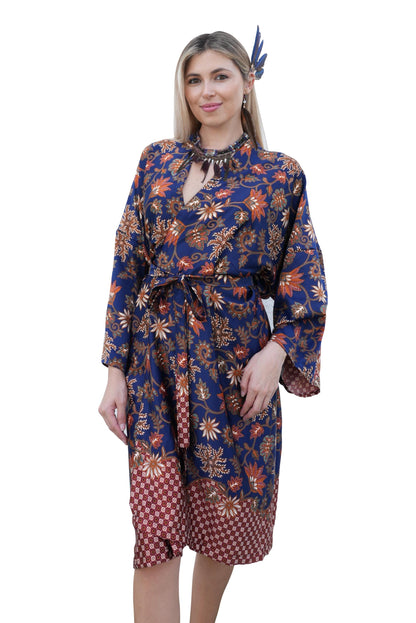 Navy Blue  Atlas Polyester  Kimono Robe: Boho Bali spirit style ,FREE SIZE, Festival Clothing, Gift for Women