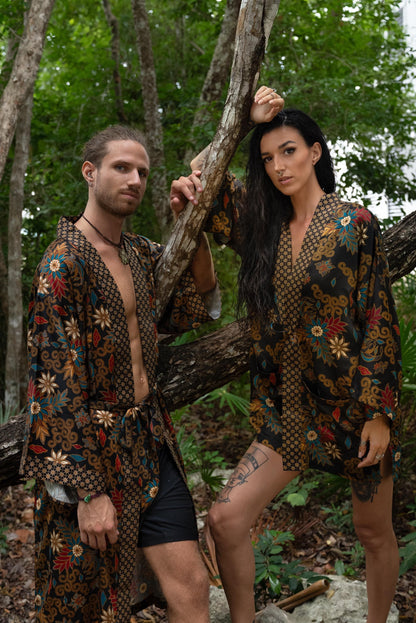 Boho Silk Blend Kimono Robe Set for 2: Hand-Printed Batik Couple Robes