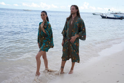 Boho Silk Blend Kimono Robe Set for 2: Hand-Printed Batik Couple Robes
