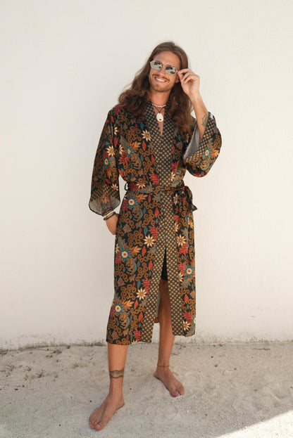 Luxury Pajamas for Resort , Boho Bali silk bland  of 2  kimons,  Robe for couples - Festival kimono robe -Gift for Valentines Day.