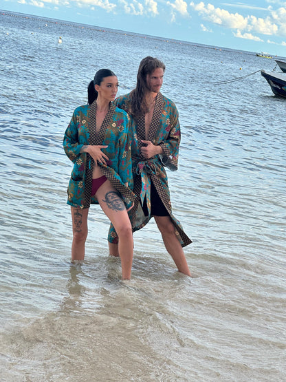 Luxury Pajamas for Resort , Boho Bali silk bland  of 2  kimons,  Robe for couples - Festival kimono robe -Gift for Valentines Day.