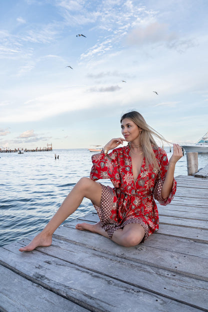 Red Floral Kimono Robe: Boho Bali Style, S-XXL ,