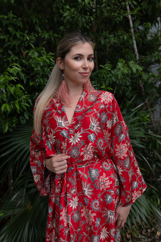 Red Floral Kimono Robe: Boho Bali Style, S-XXL ,