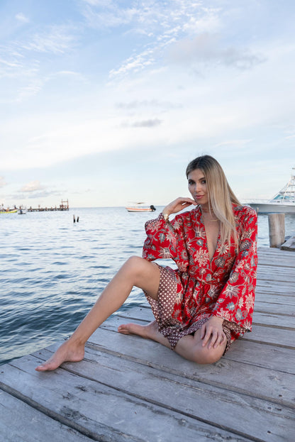 Red Floral Kimono Robe: Boho Bali Style, S-XXL ,