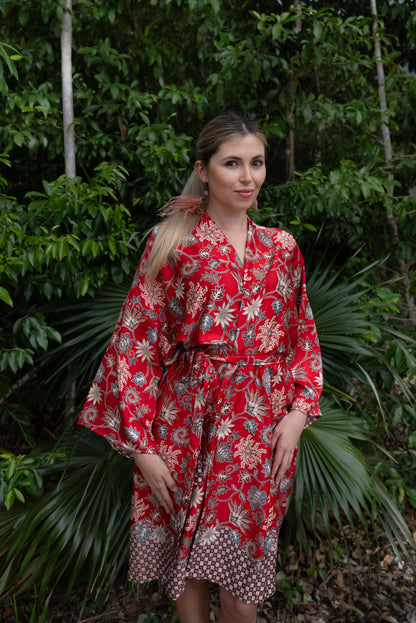 Red Floral Kimono Robe: Boho Bali Style, S-XXL ,