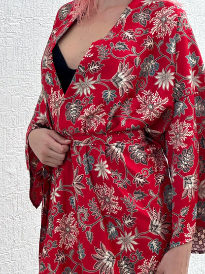 Red Floral Kimono Robe: Boho Bali Style, S-XXL ,