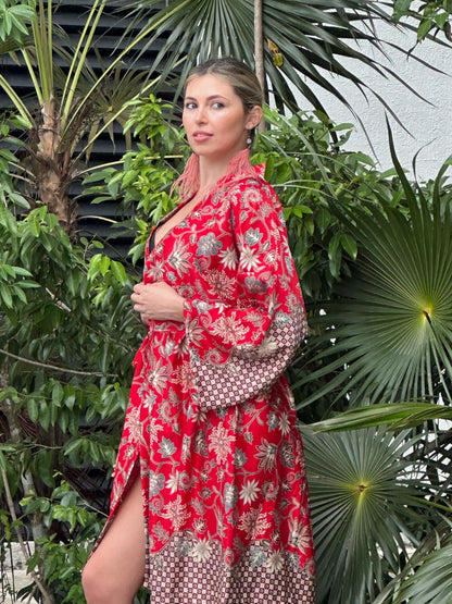 Red Floral Kimono Robe: Boho Bali Style, S-XXL ,