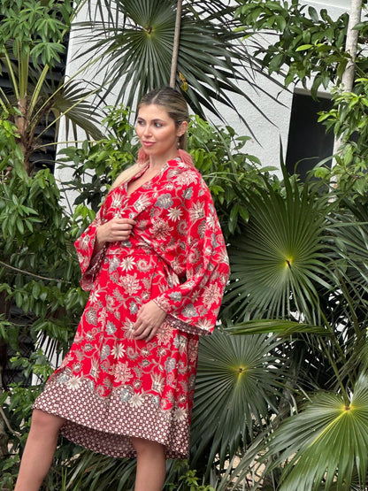 Red Floral Kimono Robe: Boho Bali Style, S-XXL ,