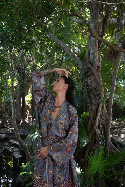 Beige Floral Kimono Robe: Boho Polyester Loungewear, Festival Style