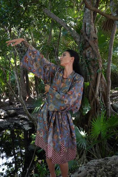 Beige Floral Kimono Robe: Boho Polyester Loungewear, Festival Style